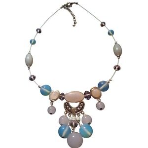 Boho Statement Piece, Beaded Moon Pendant Blue & Pink Crystal Accent Necklace
